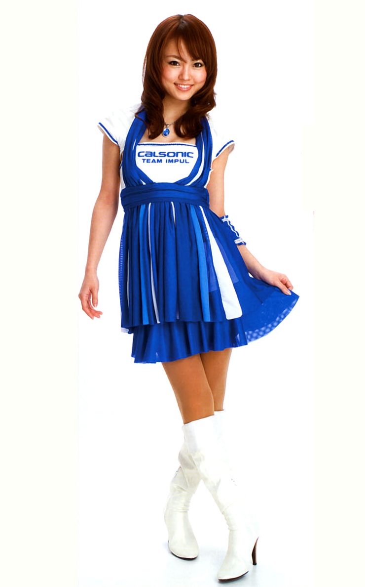 Brunette Race Queen with Bare Legs wearing Blue Pleated Short Dress and White Boots